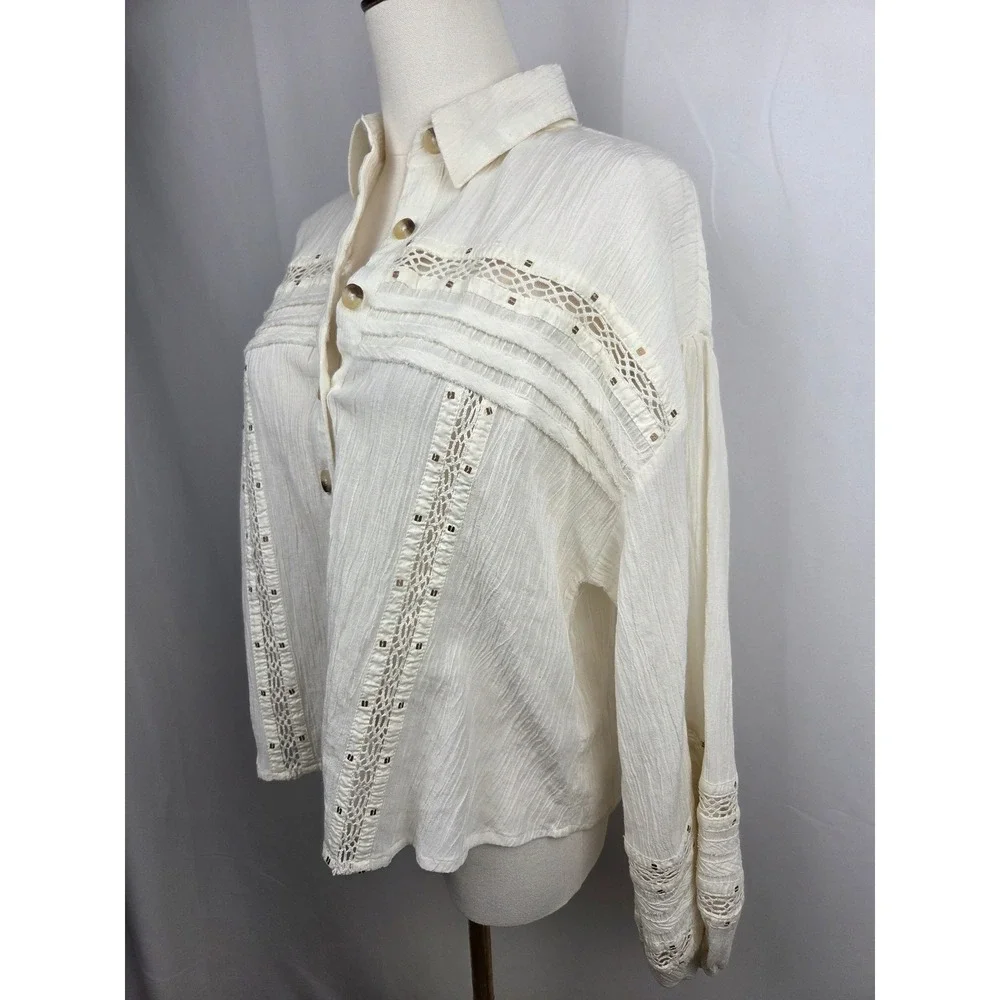 Free People Summer Stars Blouse Medium Ivory Gauzy Crochet Western Boho Top